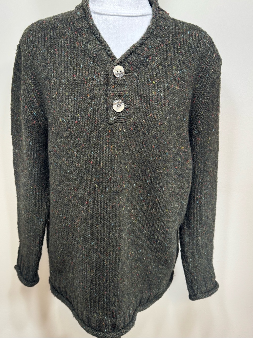 Aran Sweater Market Green Speckled Wool Sweater Size M